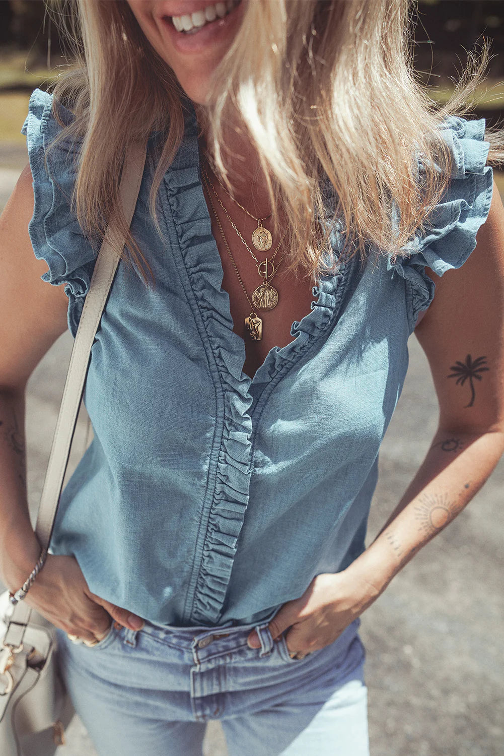 Celavina Ruffle Trim Chambray Tank Top