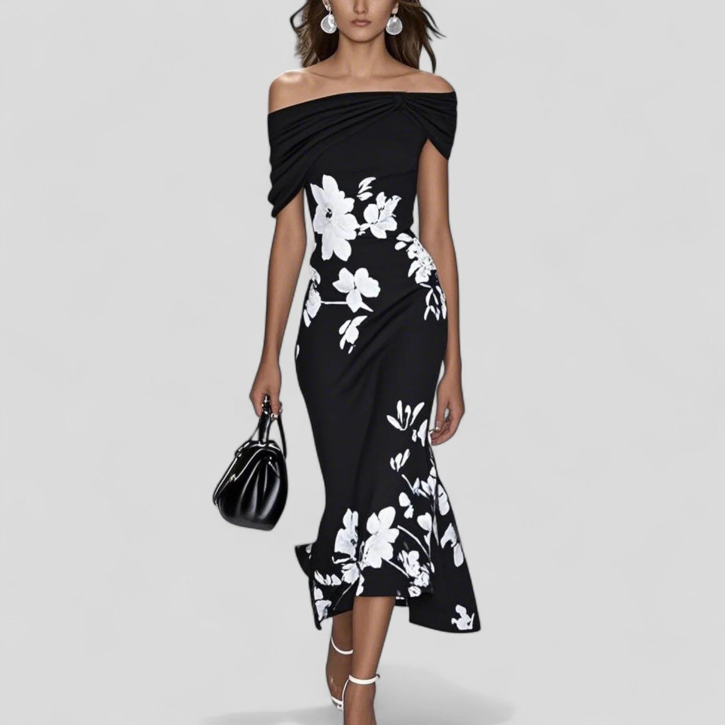 Noravelle Floral Off Shoulder Wedding Guest Midi Dress