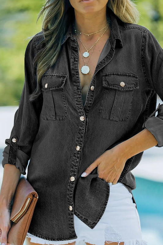 Doravelle Button Front Denim Shirt Top