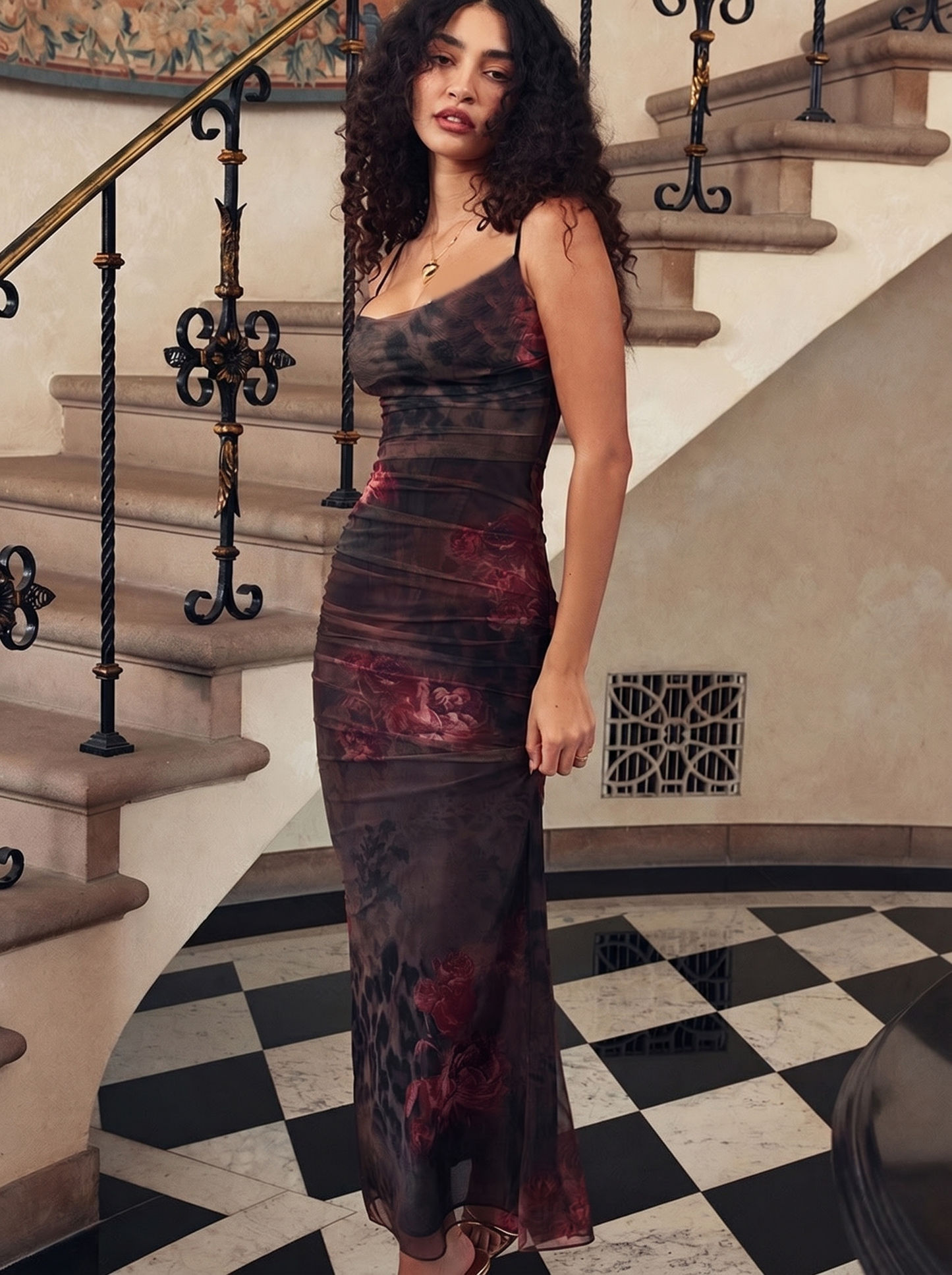 Ravenna Dark Floral Mesh Wedding Guest Maxi Dress