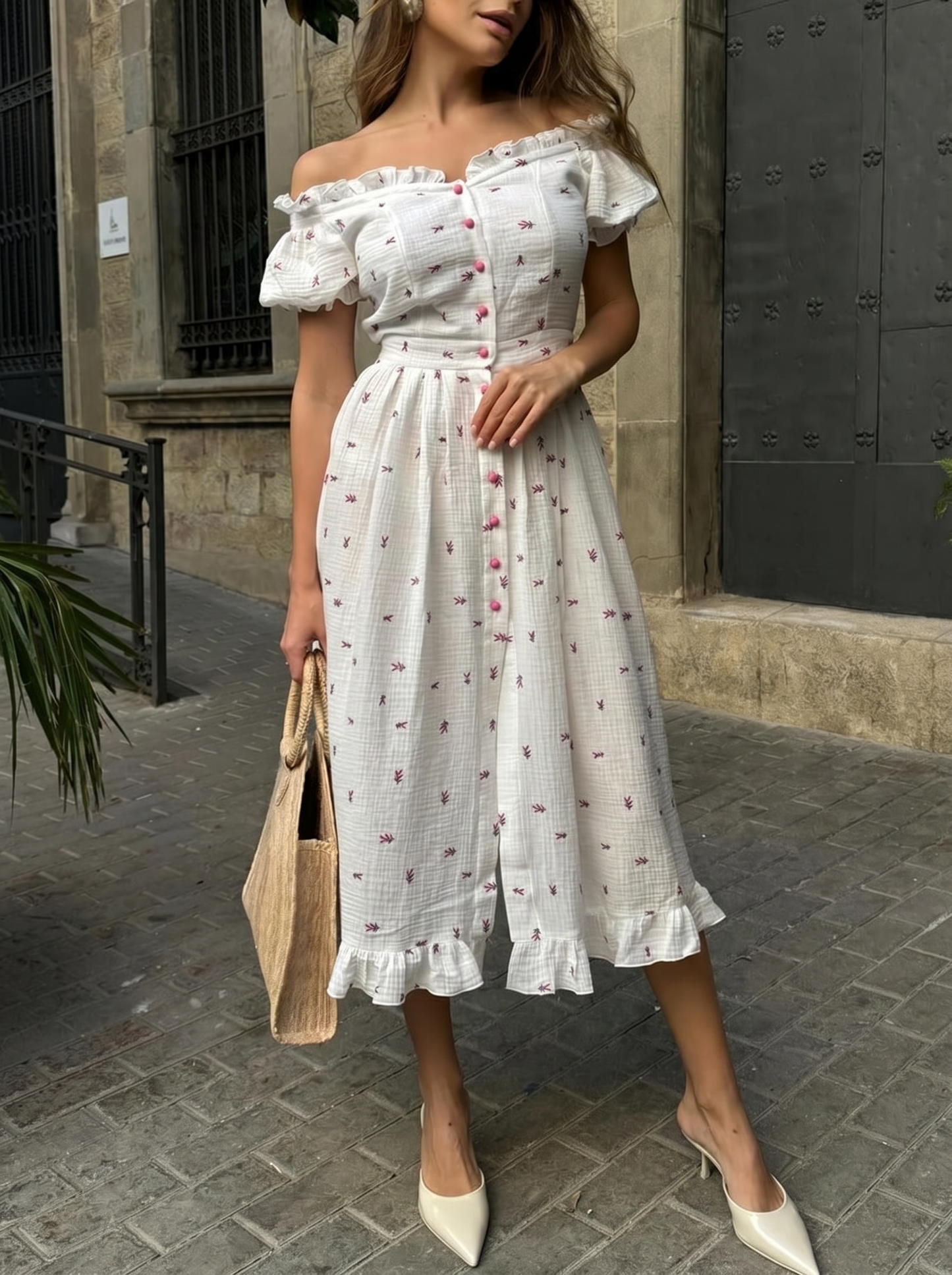 Thea Off Shoulder Floral Cotton Summer Midi Dress