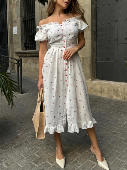 Thea Off Shoulder Floral Cotton Summer Midi Dress