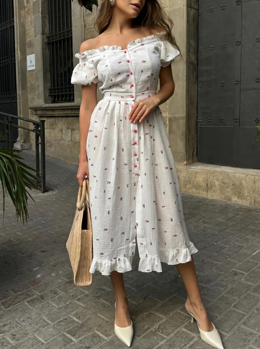 Thea Off Shoulder Floral Cotton Summer Midi Dress