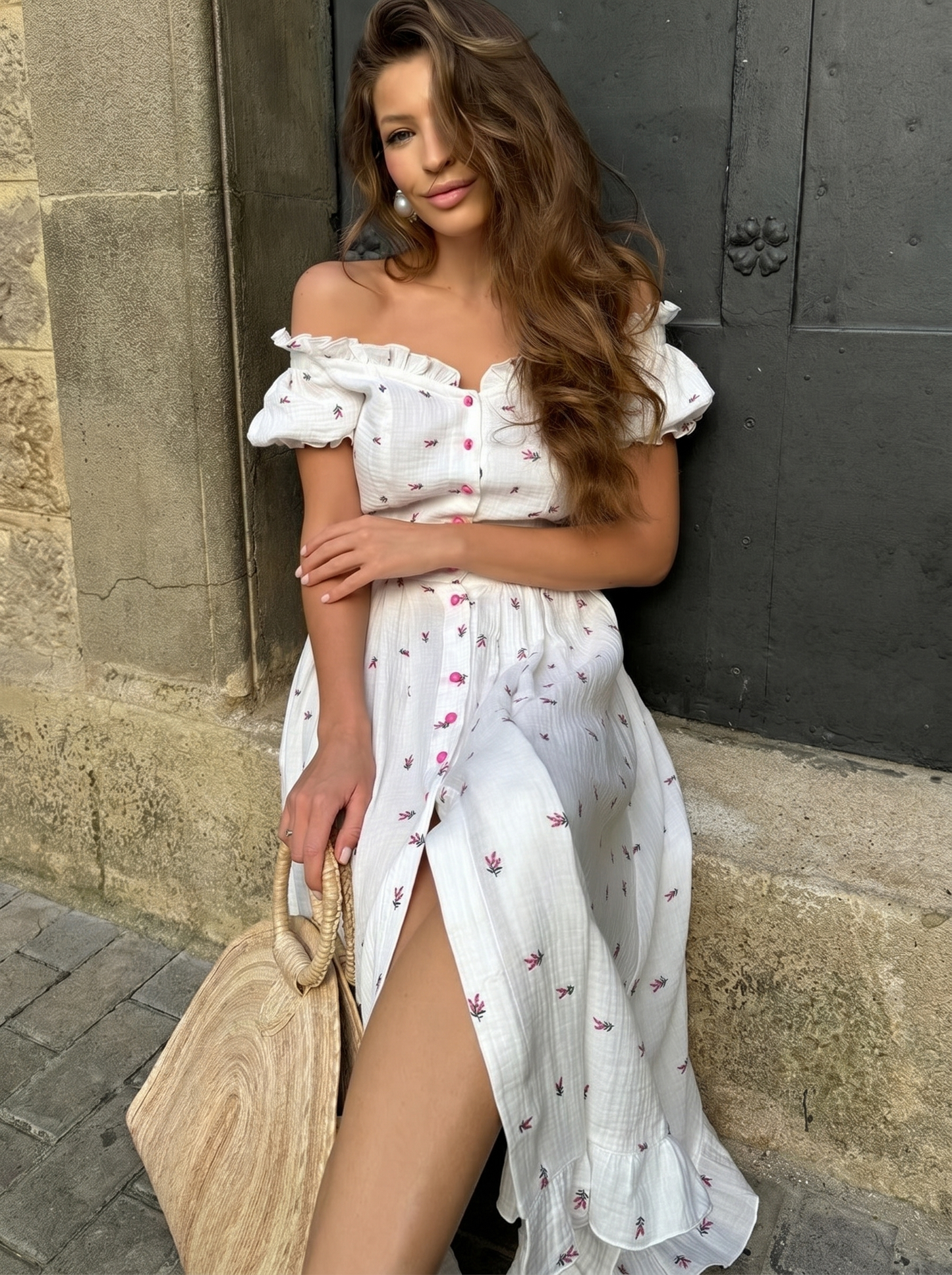 Thea Off Shoulder Floral Cotton Summer Midi Dress
