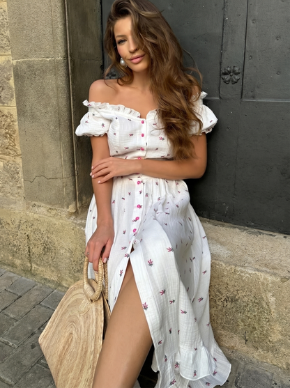 Thea Off Shoulder Floral Cotton Summer Midi Dress