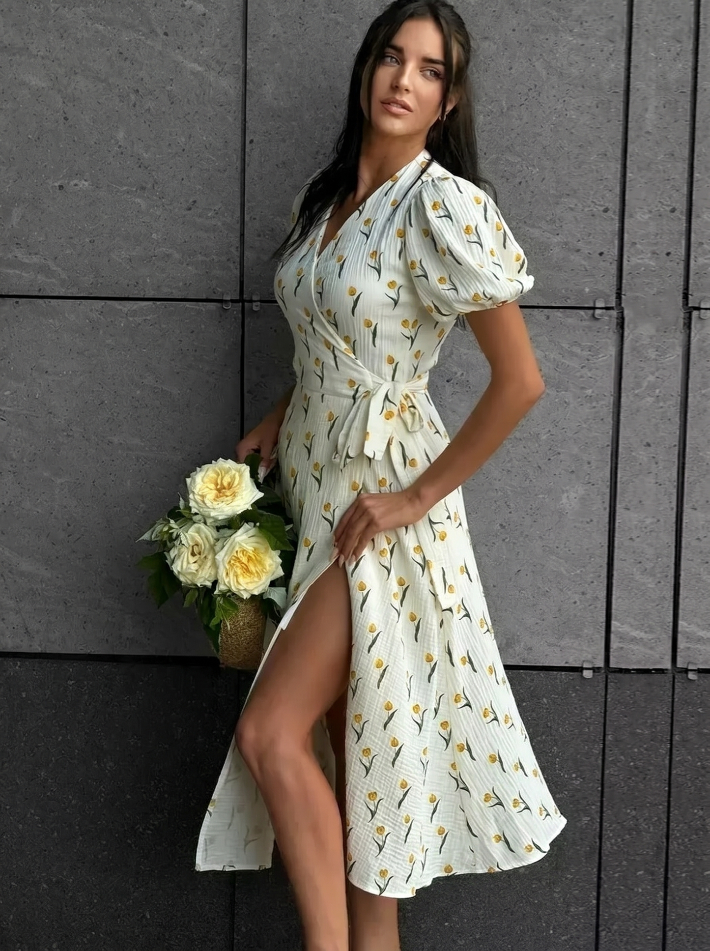 Clara Floral Puff Sleeve Cotton Summer Midi Dress