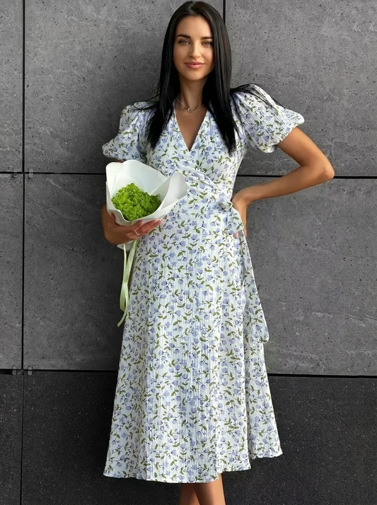 Clara Floral Puff Sleeve Cotton Summer Midi Dress