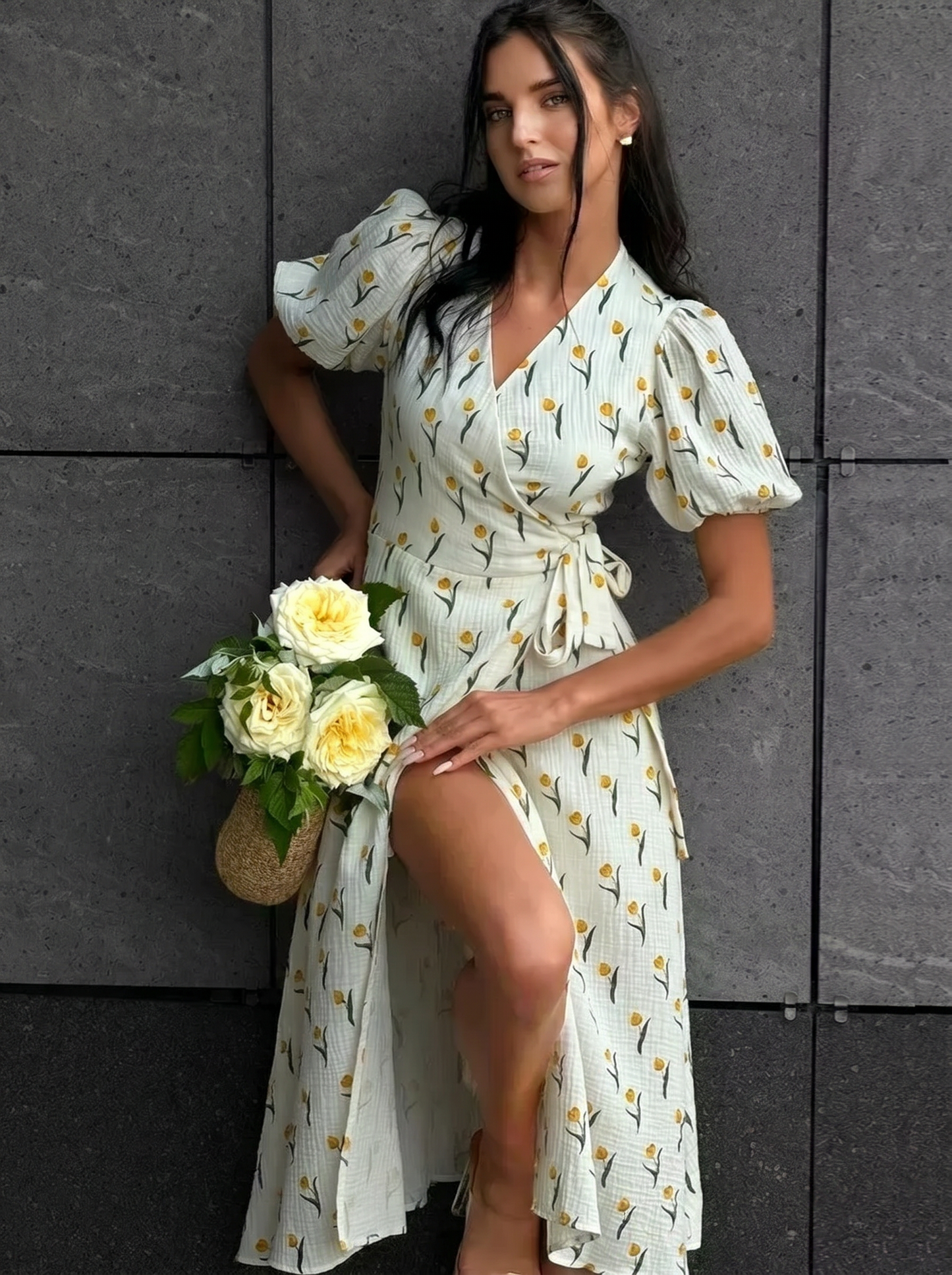 Clara Floral Puff Sleeve Cotton Summer Midi Dress