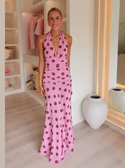 Cassia Polka Dot Halter Chiffon Maxi Dress