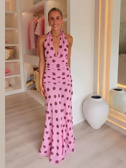 Cassia Polka Dot Halter Chiffon Maxi Dress