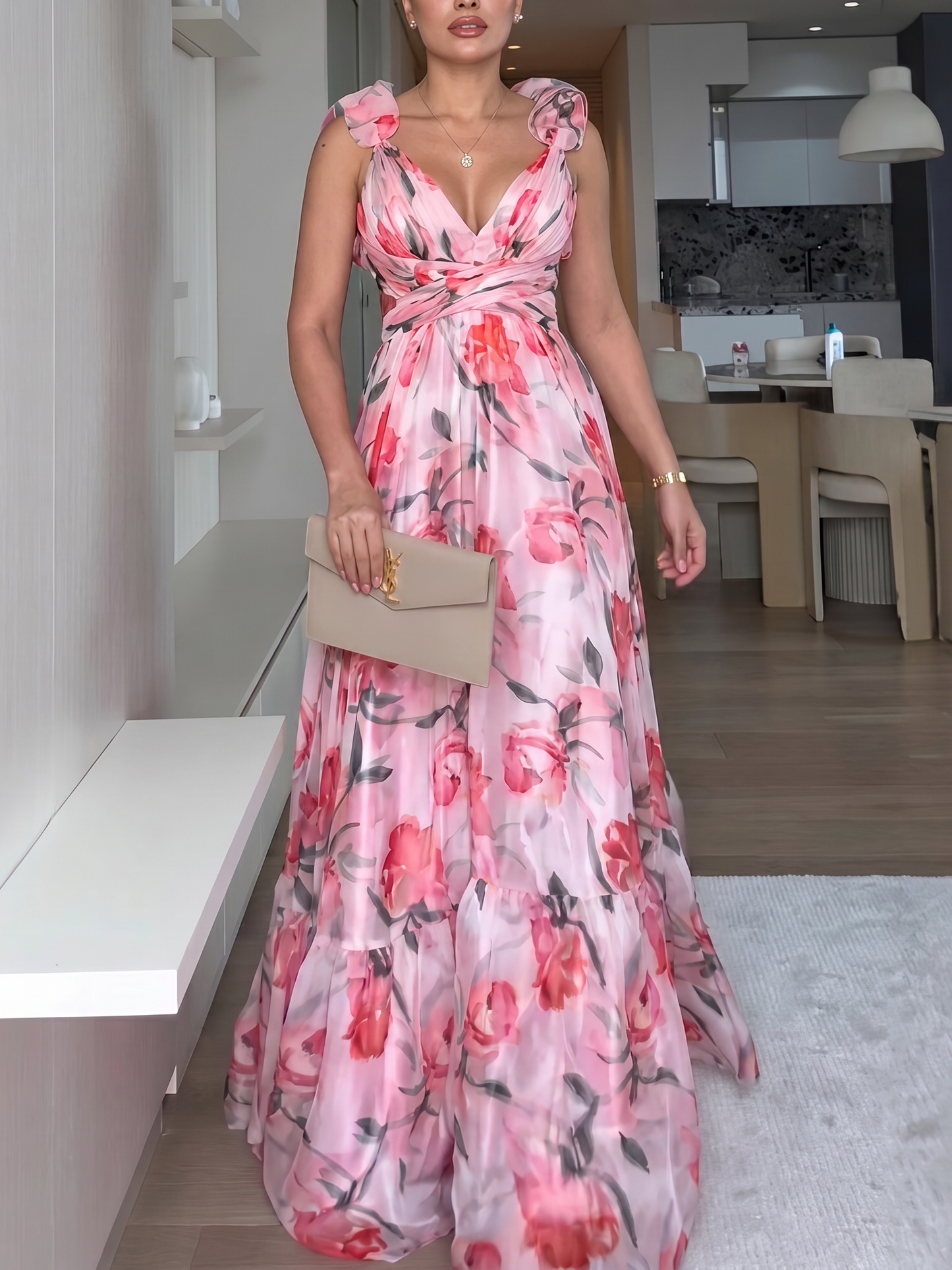 Zaria Floral Ruffle Chiffon Maxi Dress