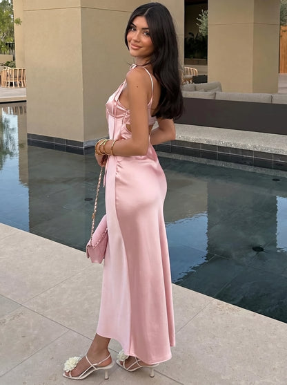 Esme Satin Cowl Neck Wedding Guest Midi Dress