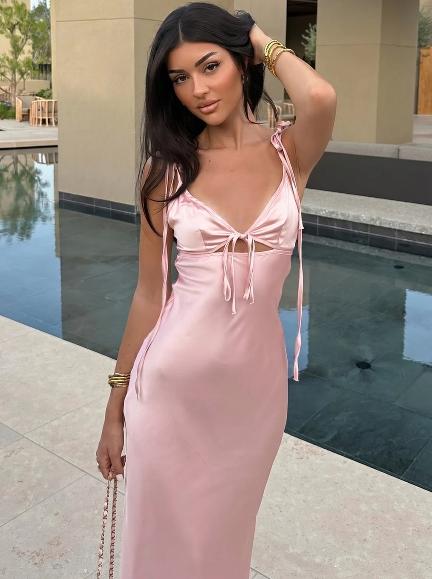 Esme Satin Cowl Neck Wedding Guest Midi Dress