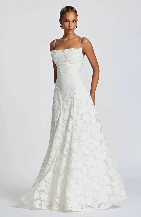 Delavie Open Back Lace Wedding Guest Maxi Dress