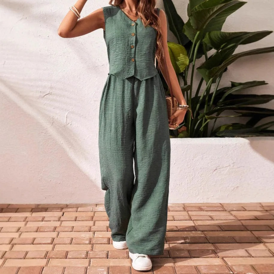 Serena Button Front Linen Vest & Wide Leg Co-Ord Set