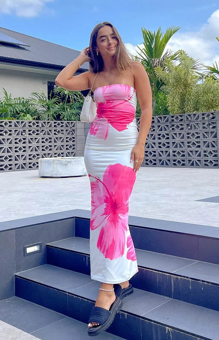 Lissette Tropical Print Strapless Maxi Sundress
