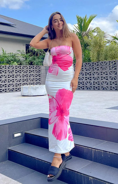 Lissette Tropical Print Strapless Maxi Sundress