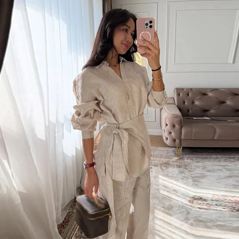 Camille Belted Linen Shirt & Wide Leg Co-Ord Set