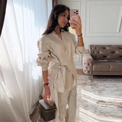 Camille Belted Linen Shirt & Wide Leg Co-Ord Set