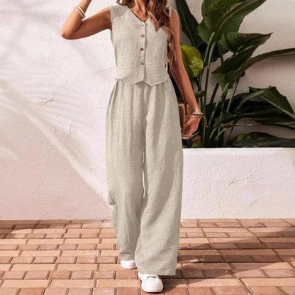 Serena Button Front Linen Vest & Wide Leg Co-Ord Set