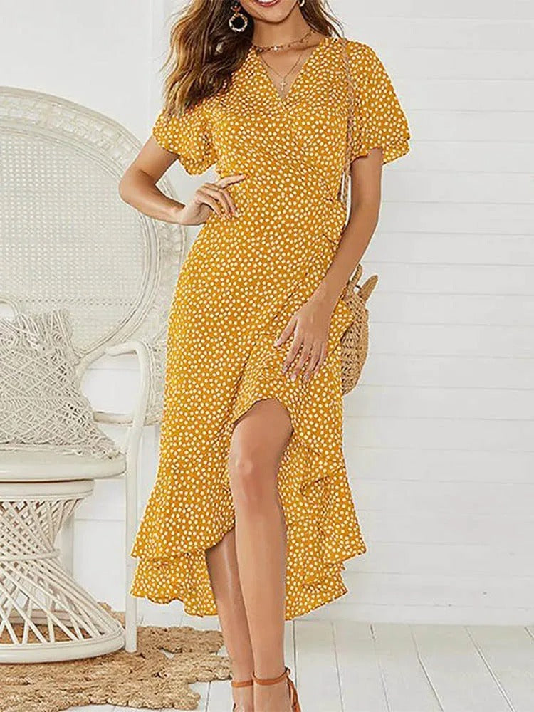 Mireya Polka Dot Wrap Chiffon Midi Dress