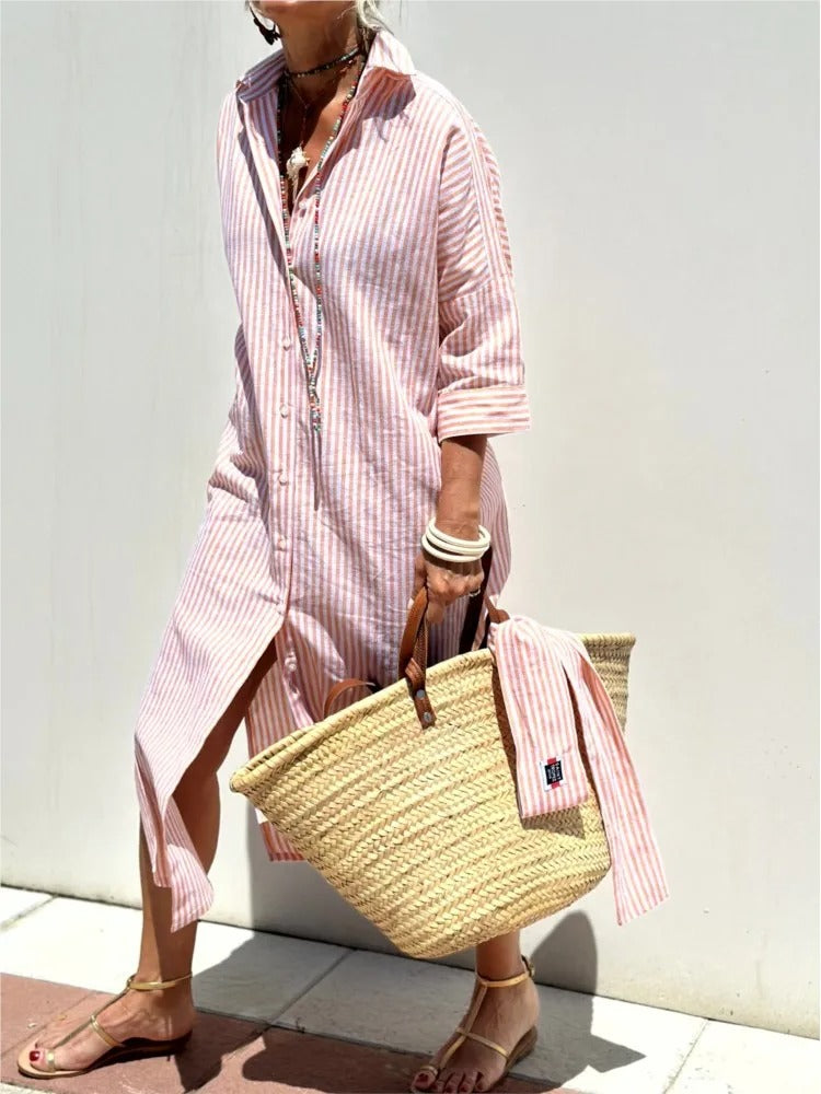 Nerine Striped Button Front Shirt Midi Dress