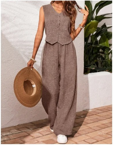 Serena Button Front Linen Vest & Wide Leg Co-Ord Set
