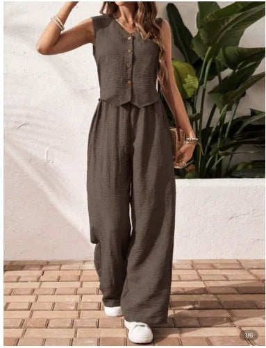 Serena Button Front Linen Vest & Wide Leg Co-Ord Set