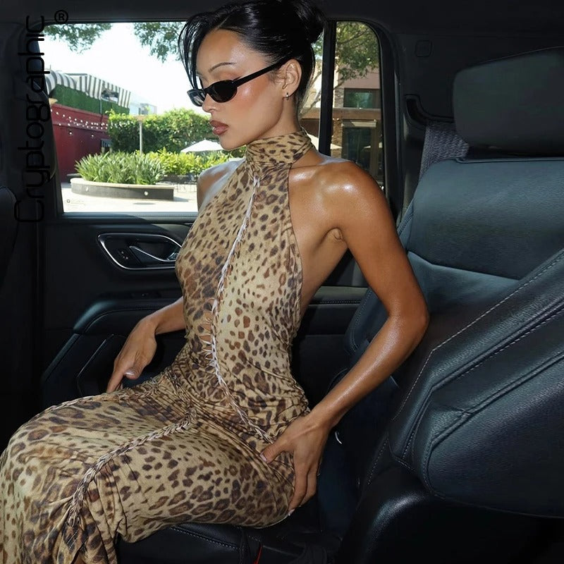 Savannah Leopard Print Halter Bandage Maxi Dress