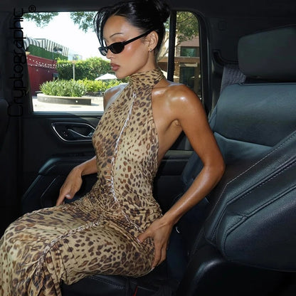 Savannah Leopard Print Halter Bandage Maxi Dress