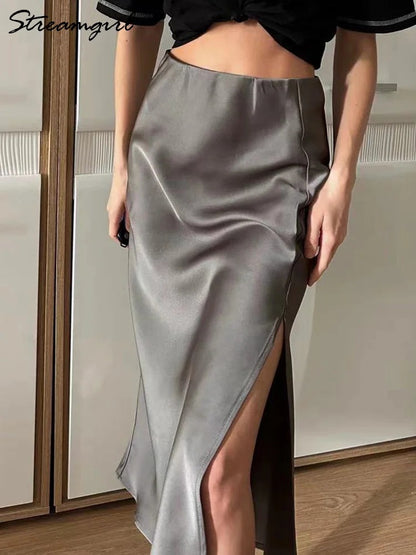 Saskia Satin Side Slit Midi Skirt