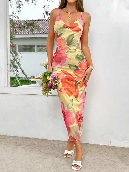 Marigold Halter Floral Wedding Guest Midi Dress