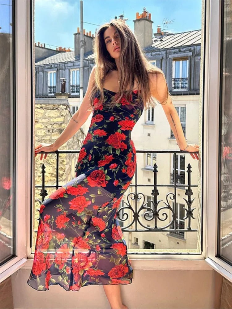 Xenia Floral Mesh Vacation Maxi Dress