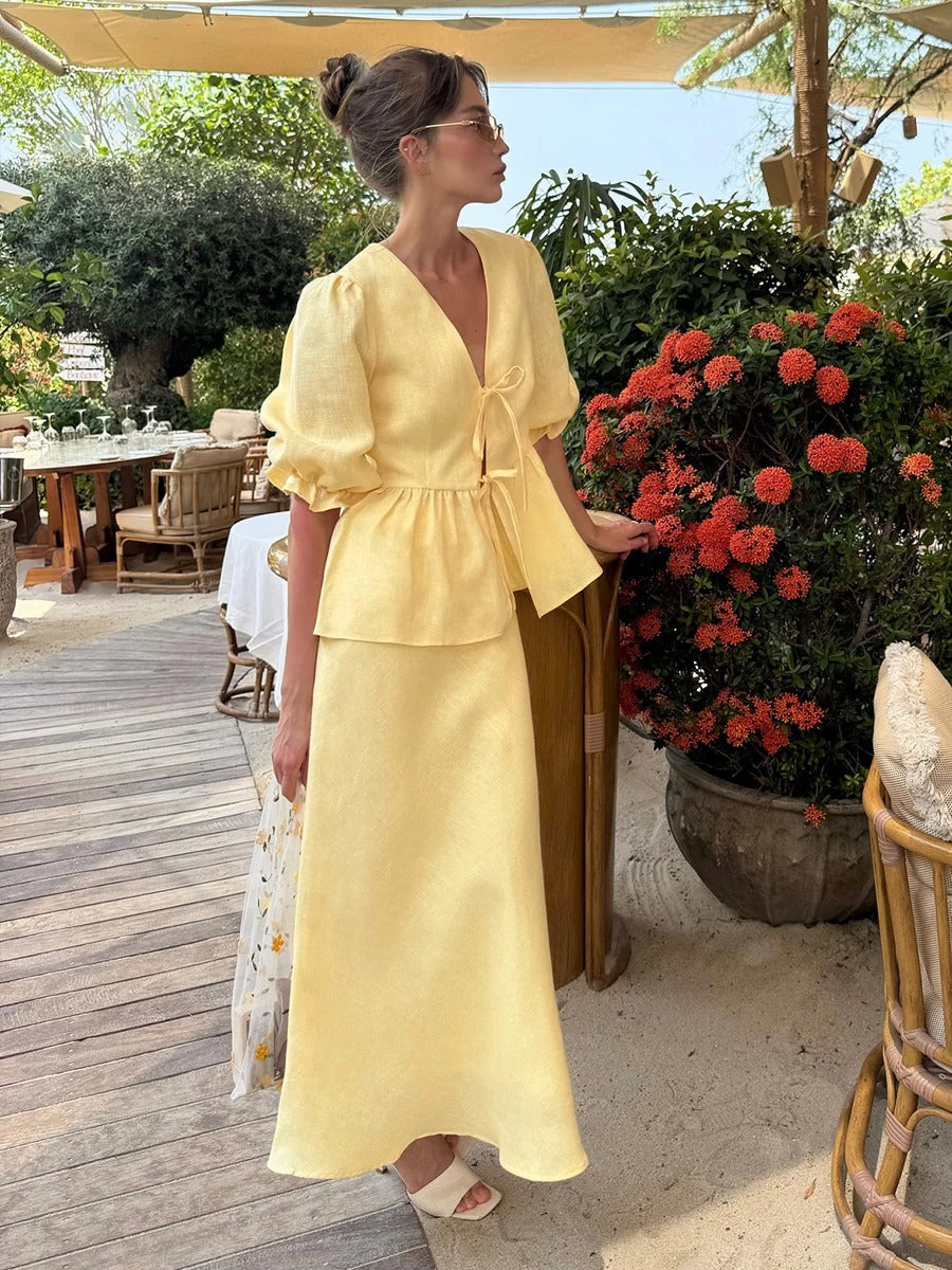 Aurielle Puff Sleeve Cotton Summer Two Piece Set