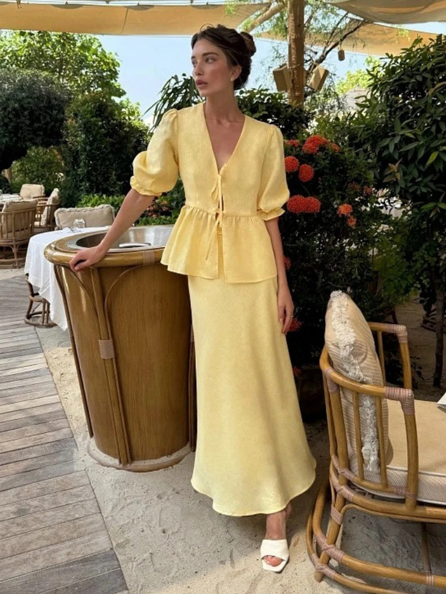 Aurielle Puff Sleeve Cotton Summer Two Piece Set