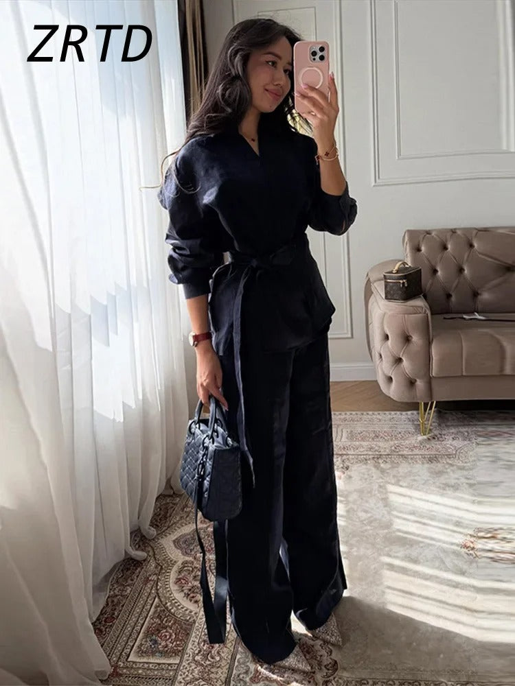 Camille Belted Linen Shirt & Wide Leg Co-Ord Set