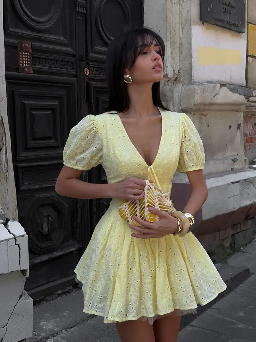 Lillian Embroidered Puff Sleeve Cotton Summer Mini Dress
