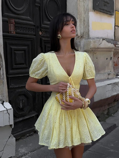 Lillian Embroidered Puff Sleeve Cotton Summer Mini Dress