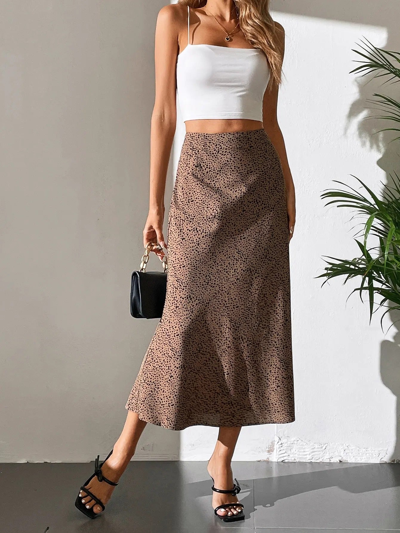 Yvettea Leopard Print Satin Midi Skirt