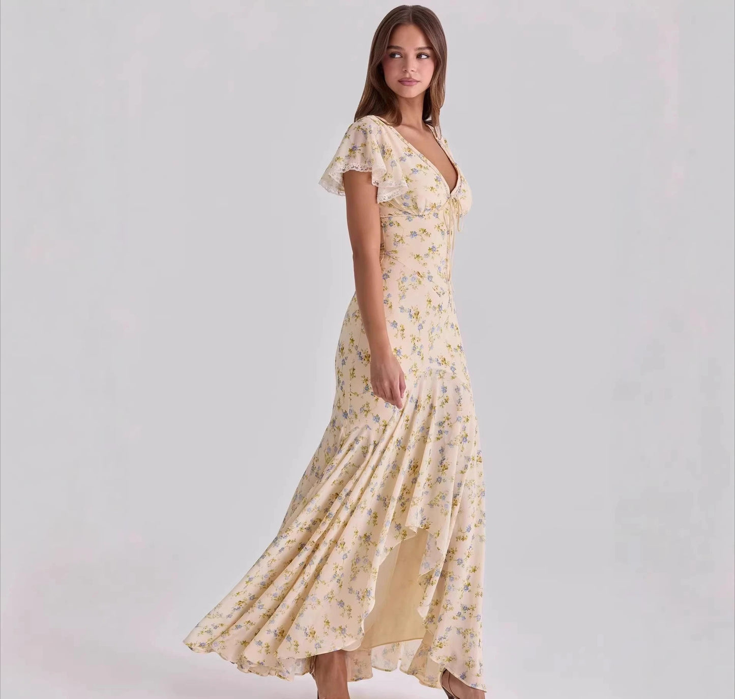 Odessa Floral Ruffle Sleeve Chiffon Maxi Dress