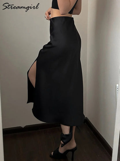 Saskia Satin Side Slit Midi Skirt