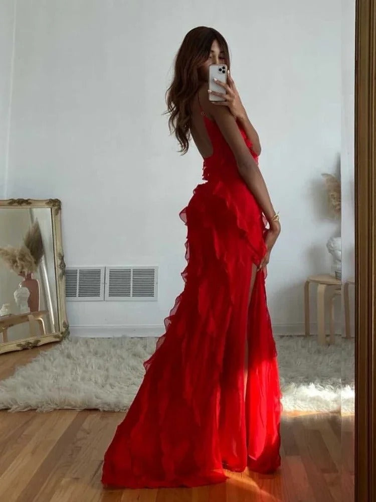 Scarlett Ruffle Detail Chiffon Maxi Dress