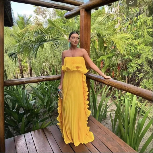 Aurelia Strapless Pleated Chiffon Maxi Dress