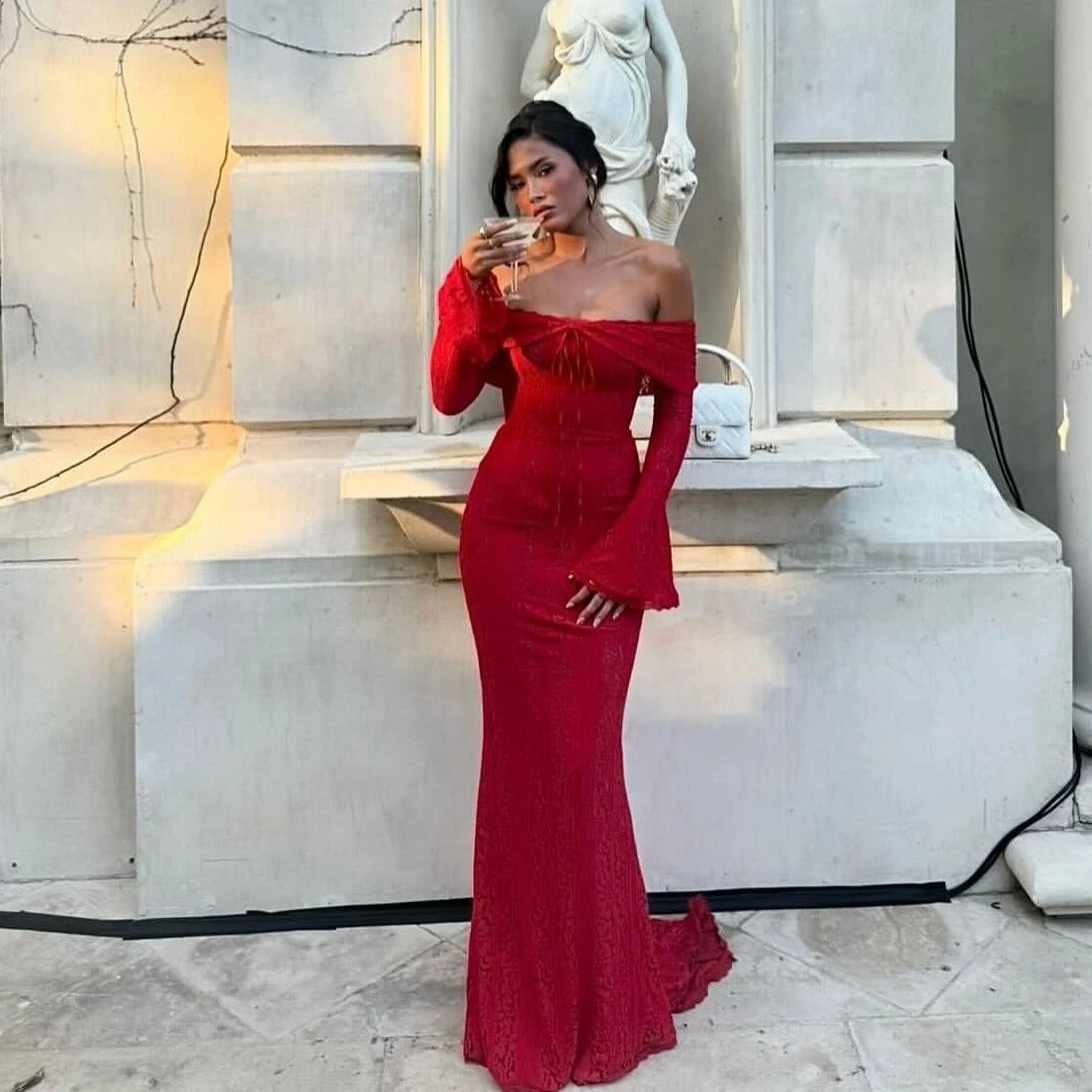 Valeria Off Shoulder Lace Wedding Guest Maxi Dress