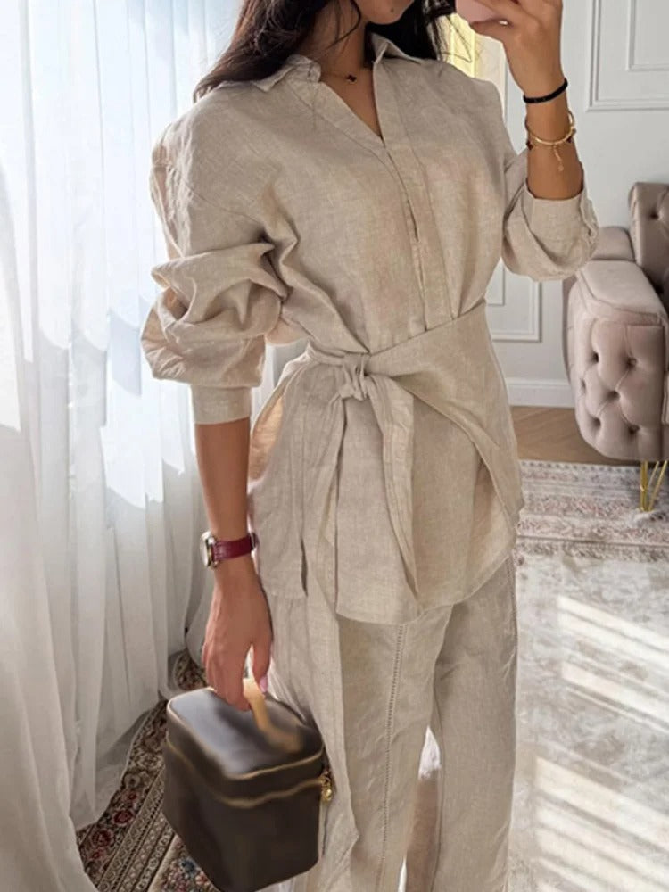 Camille Belted Linen Shirt & Wide Leg Co-Ord Set