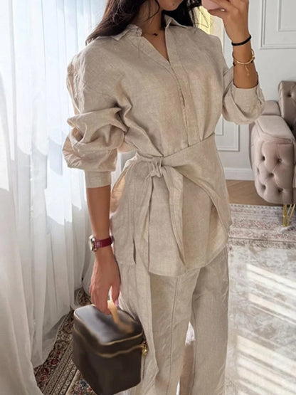 Camille Belted Linen Shirt & Wide Leg Co-Ord Set