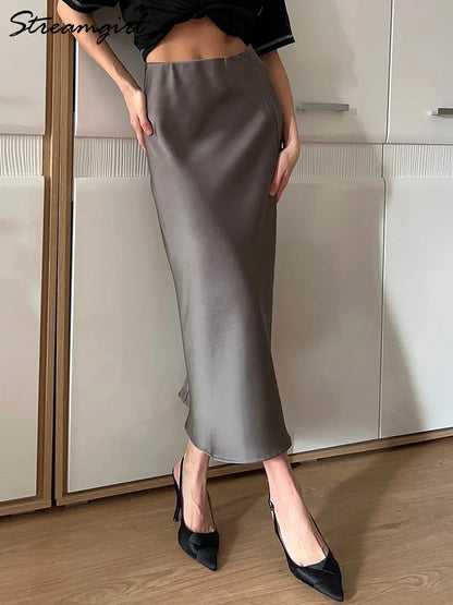 Saskia Satin Side Slit Midi Skirt