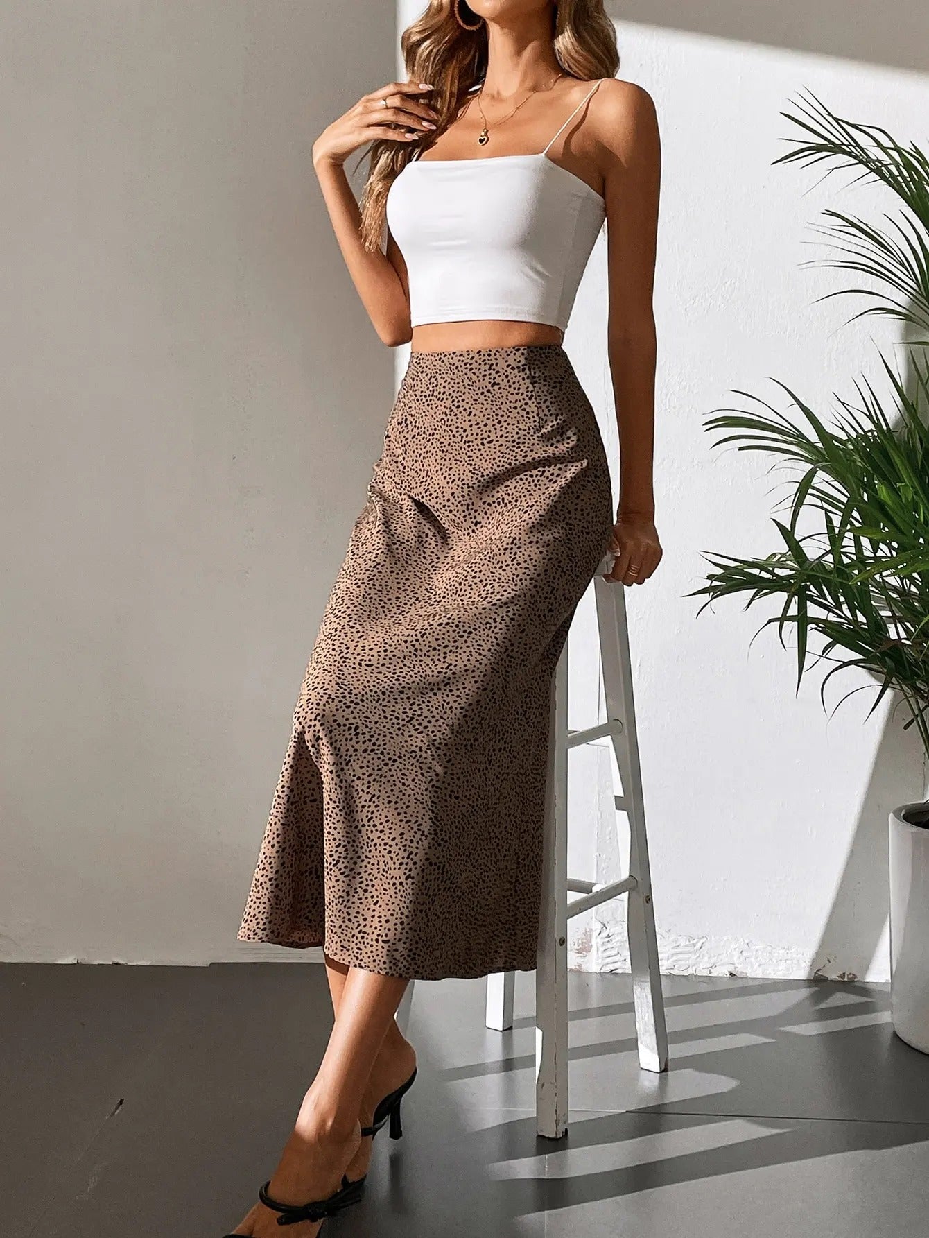 Yvettea Leopard Print Satin Midi Skirt