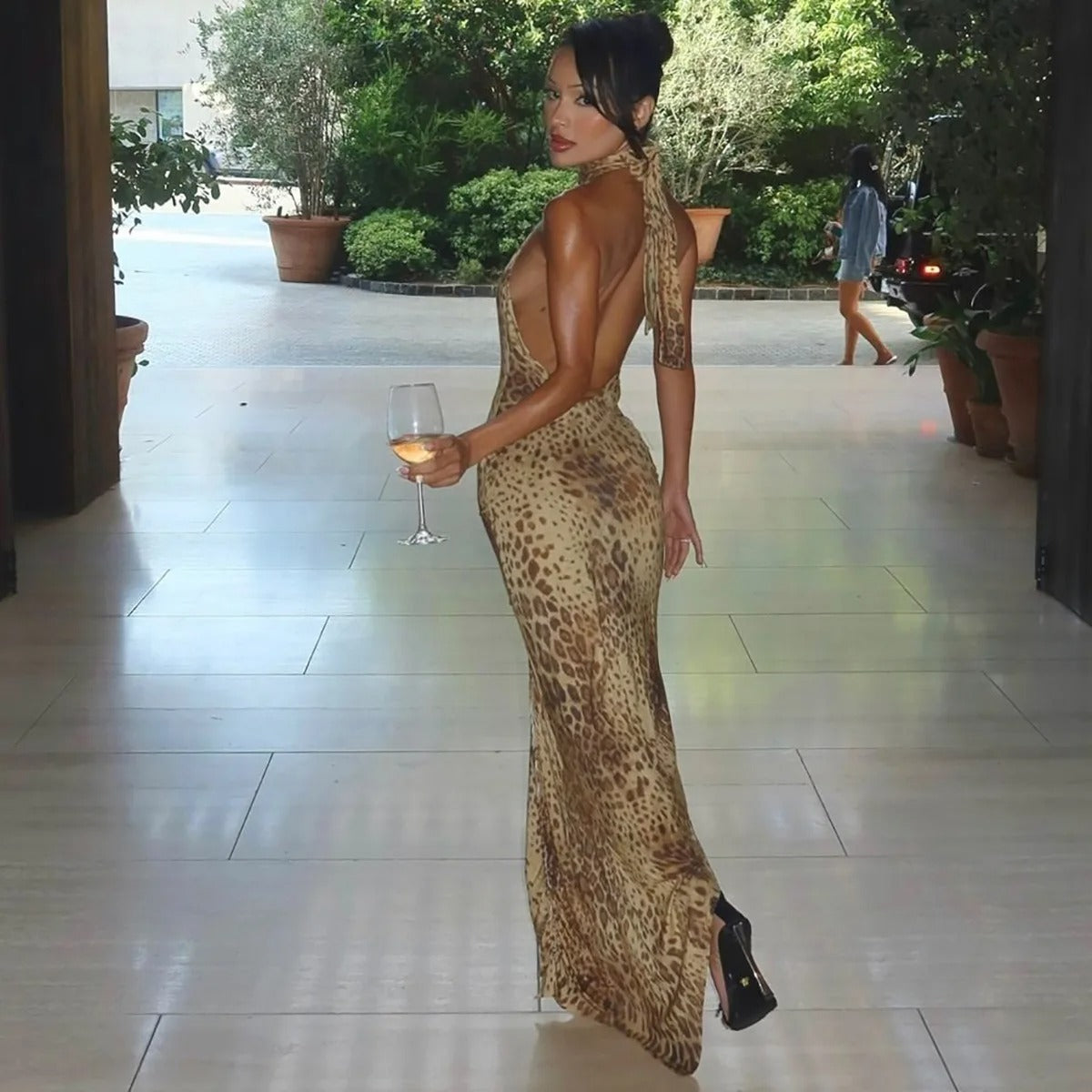 Savannah Leopard Print Halter Bandage Maxi Dress