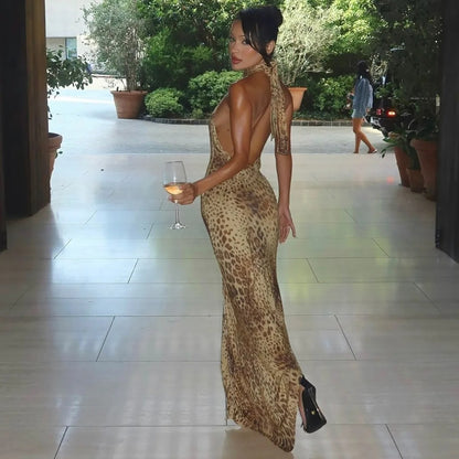 Savannah Leopard Print Halter Bandage Maxi Dress